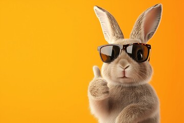 Funny easter animal pet - Easter bunny rabbit with sunglasses, giving thumb up, isolated on orange background 