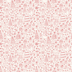 Christmas seamless texture with cute cartoon decorations. Vector illustration