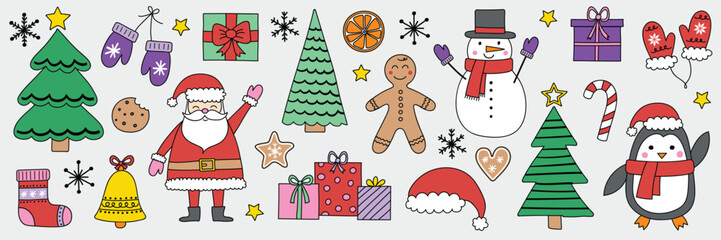 Set with hand drawn Christmas decorations. Collection with cute Santa Claus, snowman, cookie and tree. Vector illustration
