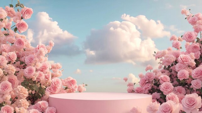 A dreamy pastel circular pink podium by blooming pink roses, a soft sky with fluffy clouds. a romantic surreal showcasing product. floral display, flowers around a stage, Valentine&rsquo;s Day background