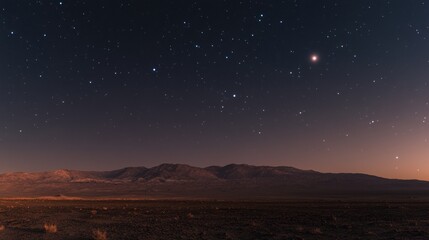 Mars surface, alien planet landscape. Night space game background with ground, mountains, stars, Saturn and Earth in sky. Vector cartoon fantastic illustration of cosmos and dark martian surface