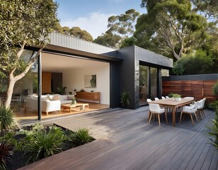Modern luxury home decorated exterior in the summer entrance with garden surrounded by trees