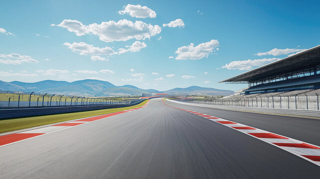 Empty motor sport asphalt race track, clear and awaiting action, with no cars in sight