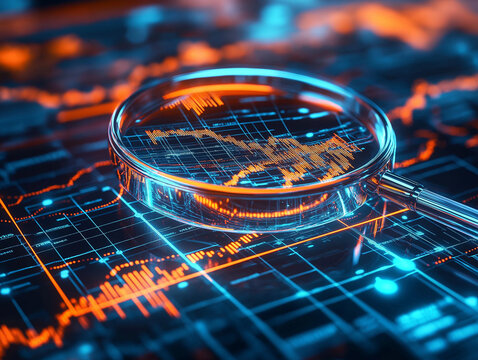 Analysiere Daten mit Lupe &uuml;ber einem digitalen Finanzdiagramm

