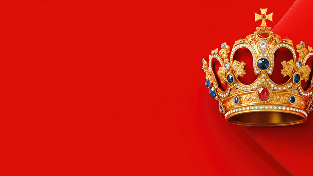 Illustration of Royal golden crown with jewels on golden pillow on red background. Symbols of UK United Kingdom monarchy. Copy space on the left side of the frame. Generative AI