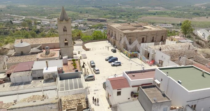Aerial view of the main square in the historic center of the town of Bernalda, in the province of Matera, Basilicata, Italy. It is a traditional Italian village.