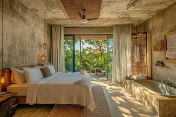 Jungle view bedroom suite; concrete, wood, bathtub.