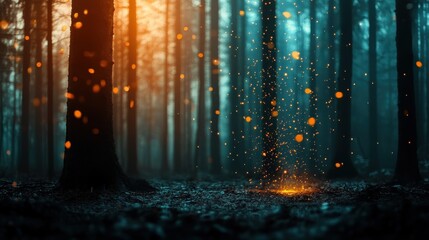 Fototapeta premium A mysterious forest with towering trees, illuminated by enchanting glowing embers that float in a mesmerizing, magical pattern, evoking mystery and wonder.