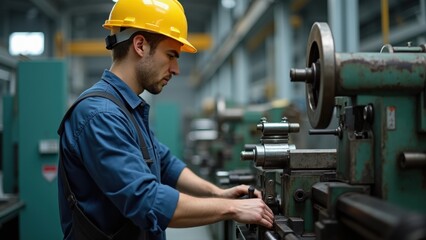 A worker in a yellow helmet focuses on operating a lathe in a busy industrial workshop. The environment is filled with various machines and tools
