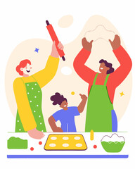 Fototapeta premium Family Bonding Over Baking Fun in a Colorful Kitchen Setting