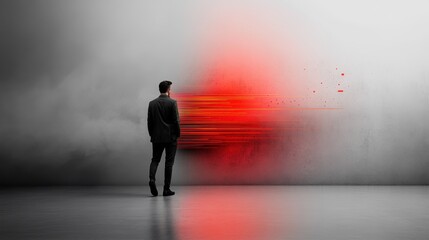 Obraz premium An abstract artistic scene illustrating a mysterious man standing before a striking, vivid burst of red smoke, representing enigmas, transformation, and introspection.