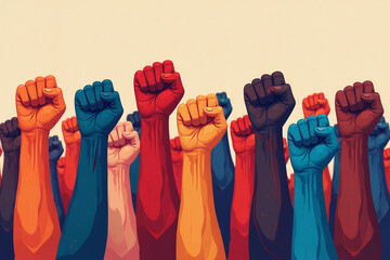 fists raised diverse groups symbolize unity resistance vibrant generative ai