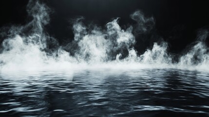 Water surface with magic neon glow from inside and smoke on top. Mystery dark background with spooky white light from underwater and fog. Realistic 3d night vector illustration with flare and steam.