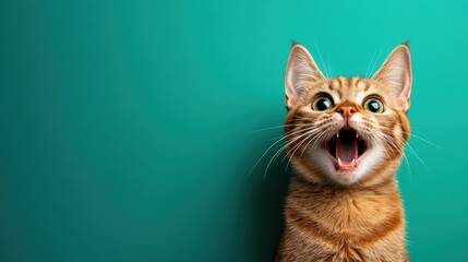 A ginger cat with wide, surprised eyes sits against a bright turquoise background, capturing a moment of playful curiosity and vibrant contrast in a modern setting.