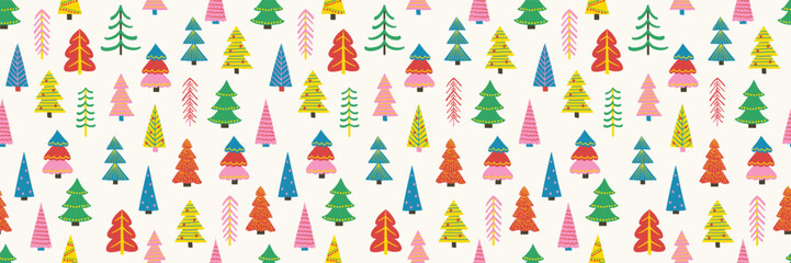 Obraz premium Christmas seamless pattern with cartoon trees. Wallpaper and wrapping paper design. Vector illustration