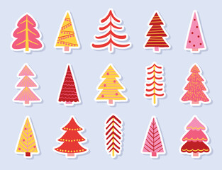Abstract Christmas tree stickers set. Hand drawn X-Mas decorations. Vector illustration