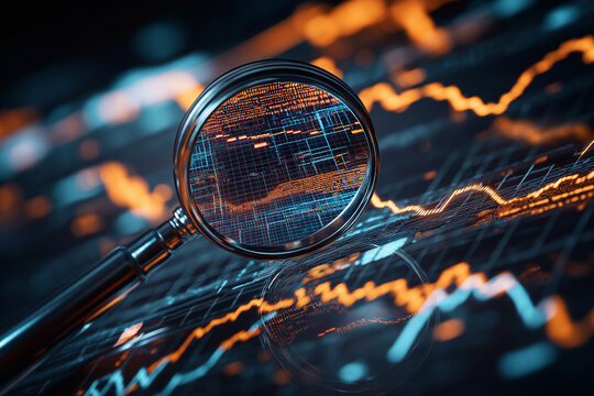 Analysiere Daten mit Lupe über einem digitalen Finanzdiagramm

