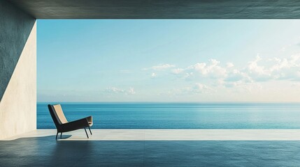 Empty spase, concrete terrace with panoramic ocean view and a lonely chair, concrete floor. Interior background, sea view from the panoramic window. Observation place for rest. Balcony