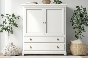White wooden cabinet with two doors and two drawers, flanked by plants and baskets in a minimalist room.