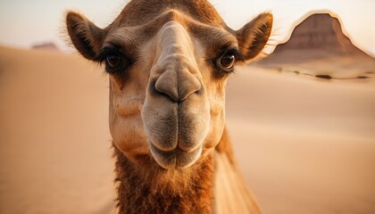Fototapeta premium Close-up of a camel’s face with curious eyes and textured fur, set against the soft sand dunes of a desert, creating a unique and engaging wildlife portrait
