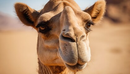 Obraz premium Close-up of a camel’s face with curious eyes and textured fur, set against the soft sand dunes of a desert, creating a unique and engaging wildlife portrait