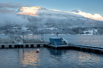 Pier in a fjord and a mountain, Gratangen, Norway