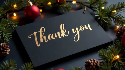 Christmas card with gold text, holiday decorations with branches, lights, ornaments. Thanksgiving Day, December 26.