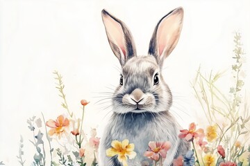 Obraz premium Watercolor rabbit spring animals bunny in flowers 