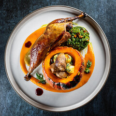 Roasted Mesquer Squab with Butternut Squash and Liveche