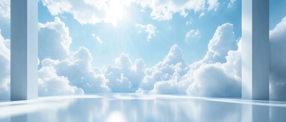 A dreamy architectural visualization with a reflective white floor merging into a bright blue sky filled with fluffy clouds. Generative AI.