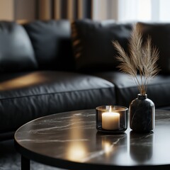 A modern living room with a candle on a marble table, luxurious black sofa and pampas grass for ambiance.