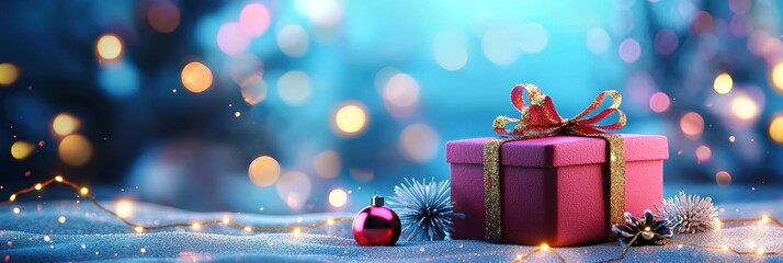 Banner with glittering pink gift box adorned with a golden bow against a backdrop of dazzling bokeh lights and sparkling glitter. Perfect for holiday promotions, Christmas invitations