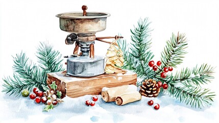Vintage Christmas Scene: Watercolor Painting of Antique Grinder, Festive Fir Branches, and Snowy Decor