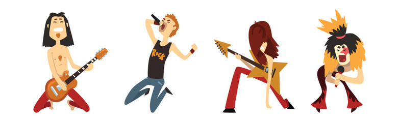 Funny Man Rock Musician Character Perform on Stage Vector Set