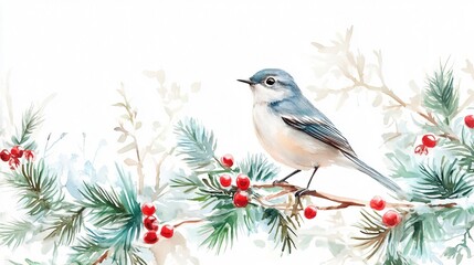Winter Bird Wonderland: A Watercolor Painting of a Bird on a Snowy Branch with Red Berries