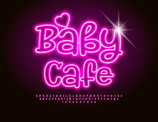 Vector cute logo Baby Cafe. Handwritten Neon Font. Pink glowing Alphabet Letters and Numbers set