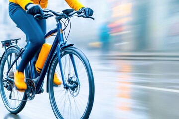 Fototapeta premium Cyclist riding a dark blue bike with orange highlights on a gray urban street in motion