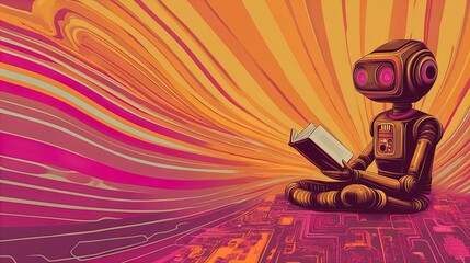 Futuristic High-Tech Robot Reading on a Circuit Board: A Vibrant, Playful Poster for Modern Interiors and Creative Spaces