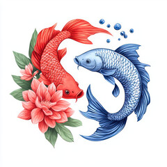 Beautiful of red and blue koi fish surrounded by flowers, symbolizing harmony and tranquility