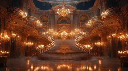 Fototapeta premium Grand staircase, opulent gold palace, glittering chandeliers.