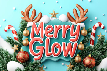Merry Glow text surrounded by festive decorations, including reindeer antlers, candy canes, and ornaments, creating cheerful holiday atmosphere