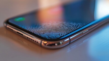 Close-up of a fingerprint on a smartphone screen.  A modern touch screen phone with a visible fingerprint.  