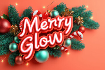 Merry Glow text with festive decorations, including ornaments and pine branches, creates cheerful holiday atmosphere