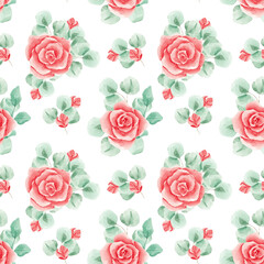 Seamless pattern. Red roses. Watercolor roses. Texture. Print for fabric. Gift wrapping paper. Rose pattern. Wallpaper. Scrapbooking. Design. Home textiles.