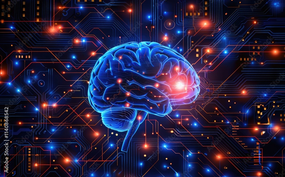Poster 3D render of a brain illuminated by neon light on a circuit board background, illustrating artificial intelligence and digital technology concepts, with copy space