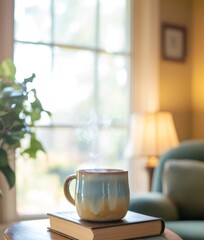 Steaming mug sitting on book by window in cozy living room, reading relaxed scene with copy space on top