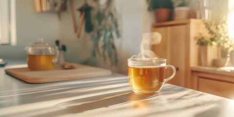 Steaming cup of herbal tea creating a cozy atmosphere in a modern kitchen