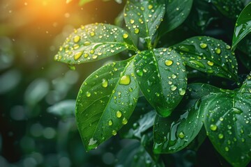 Refreshing Raindrops on Lush Green Leaves Nature Close-Up Serene Environment