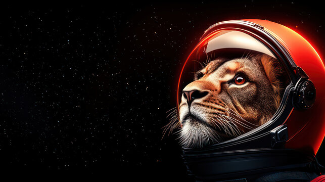 surreal concept of lion in space helmet, gazing into cosmos, evokes wonder and curiosity