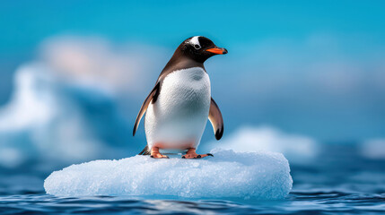 Fototapeta premium lone penguin stands on ice floe, surrounded by serene blue ocean, evoking sense of tranquility and isolation